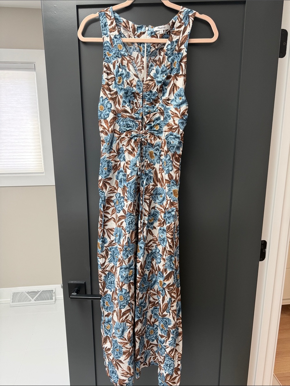 Madewell Blue Floral Tie-Waist Sleeveless Jumpsuit